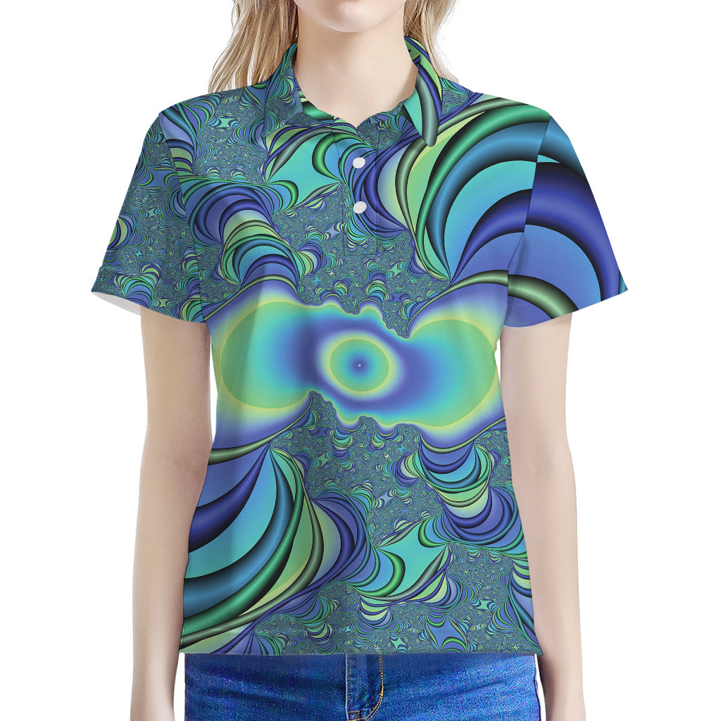 Blue Fractal Print Women's Polo Shirt