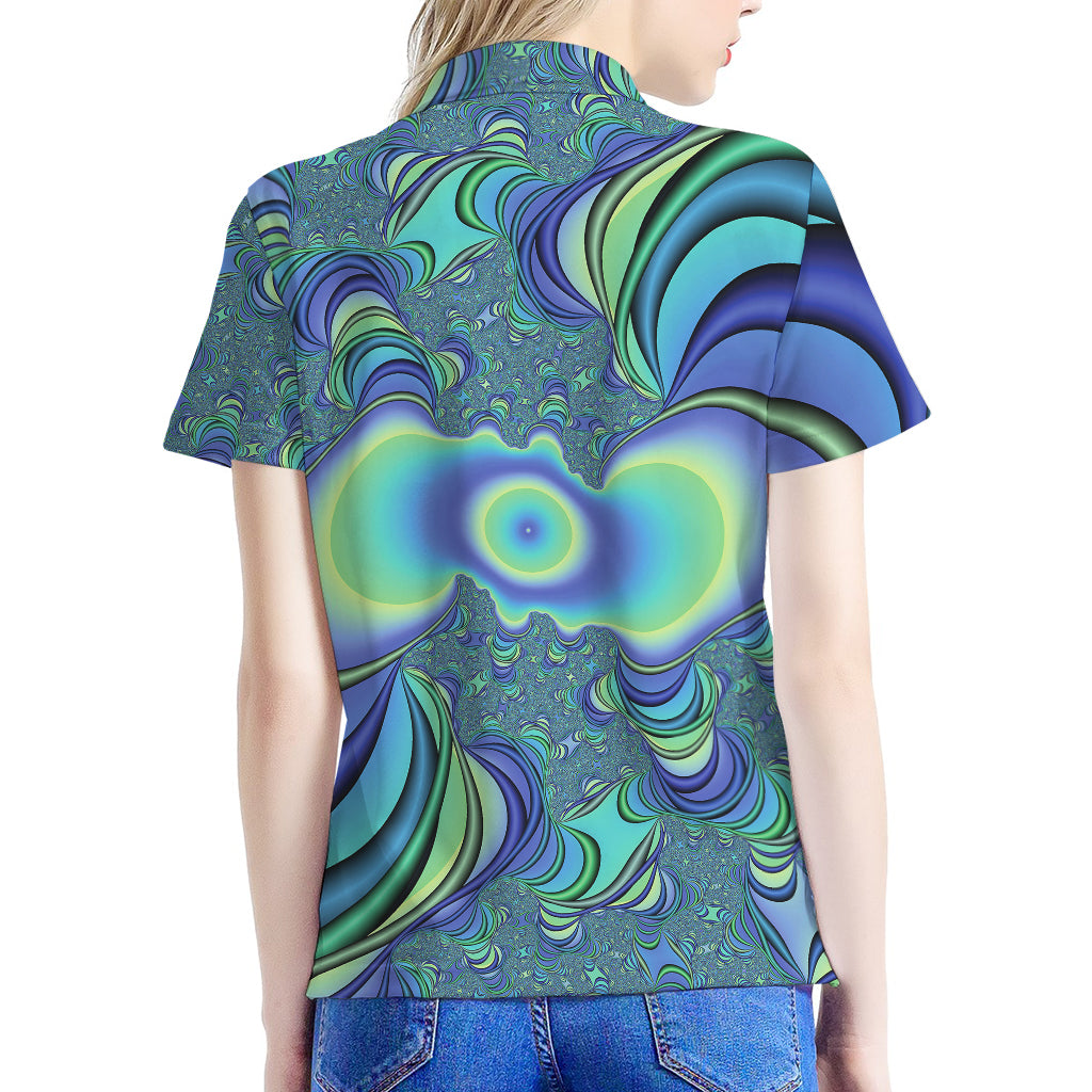 Blue Fractal Print Women's Polo Shirt