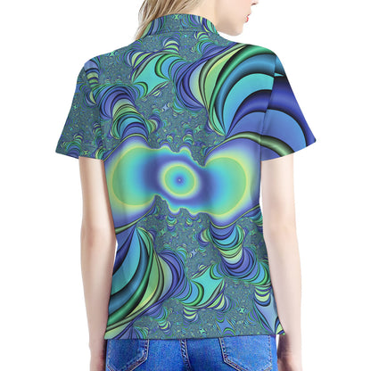 Blue Fractal Print Women's Polo Shirt