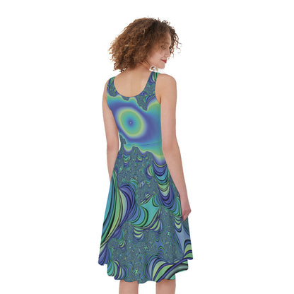 Blue Fractal Print Women's Sleeveless Dress