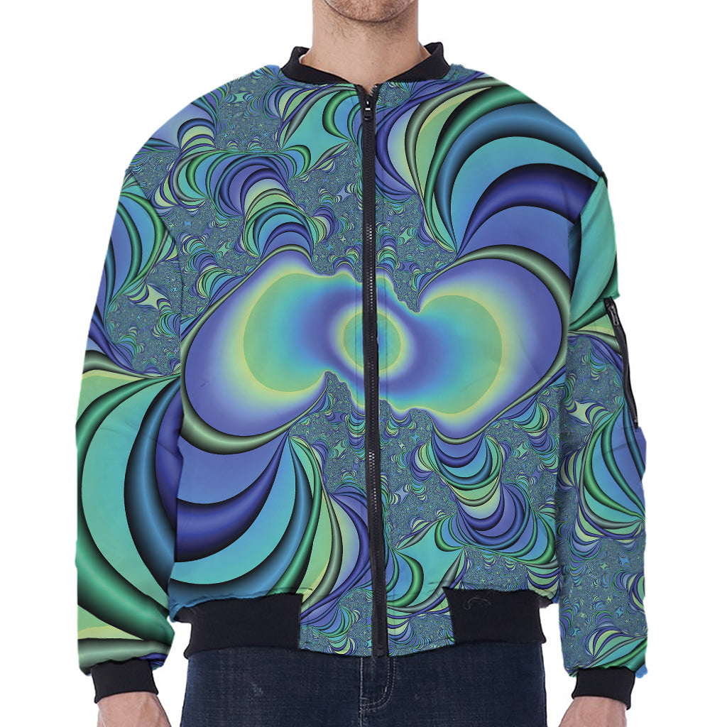 Blue Fractal Print Zip Sleeve Bomber Jacket
