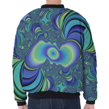 Blue Fractal Print Zip Sleeve Bomber Jacket
