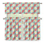Blue Fried Egg And Bacon Pattern Print 3 Piece Kitchen Curtains