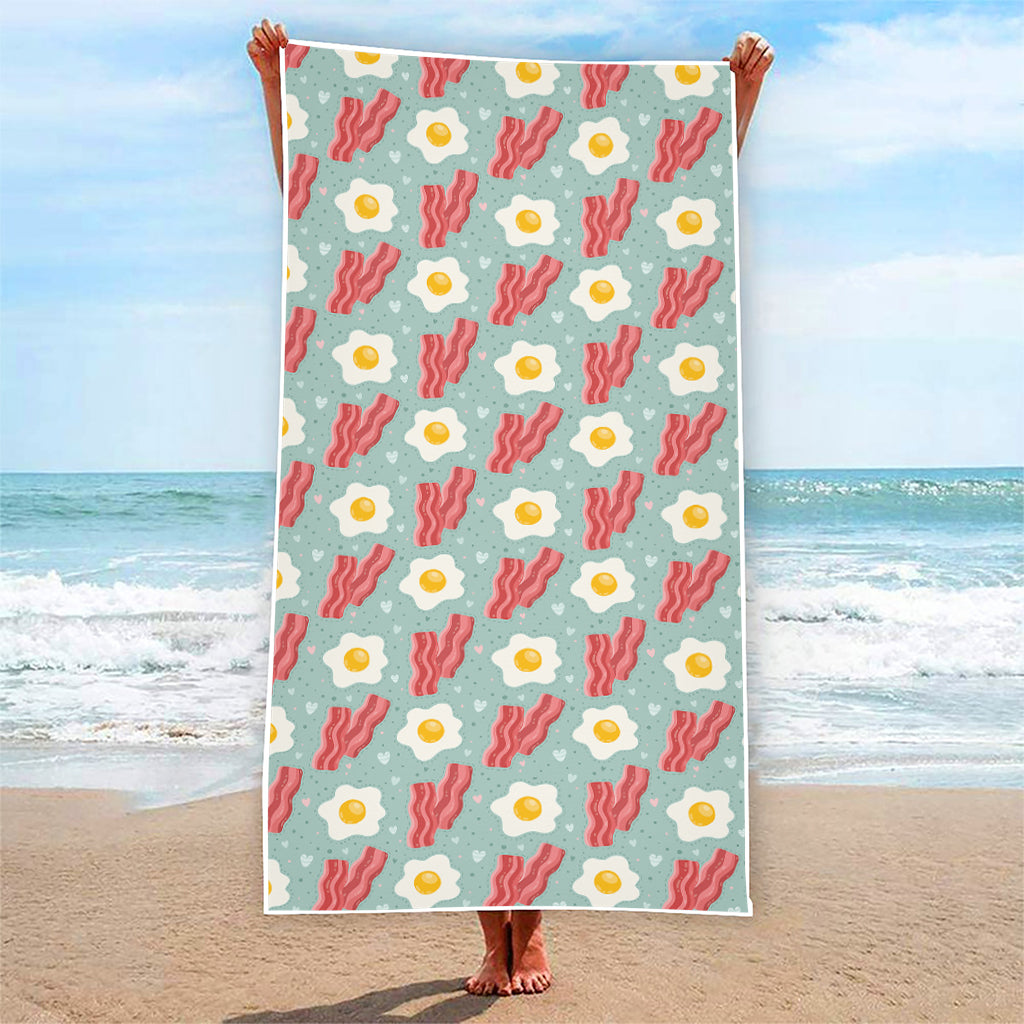 Blue Fried Egg And Bacon Pattern Print Beach Towel