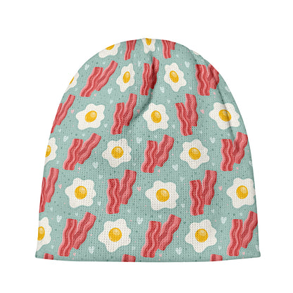 Blue Fried Egg And Bacon Pattern Print Beanie