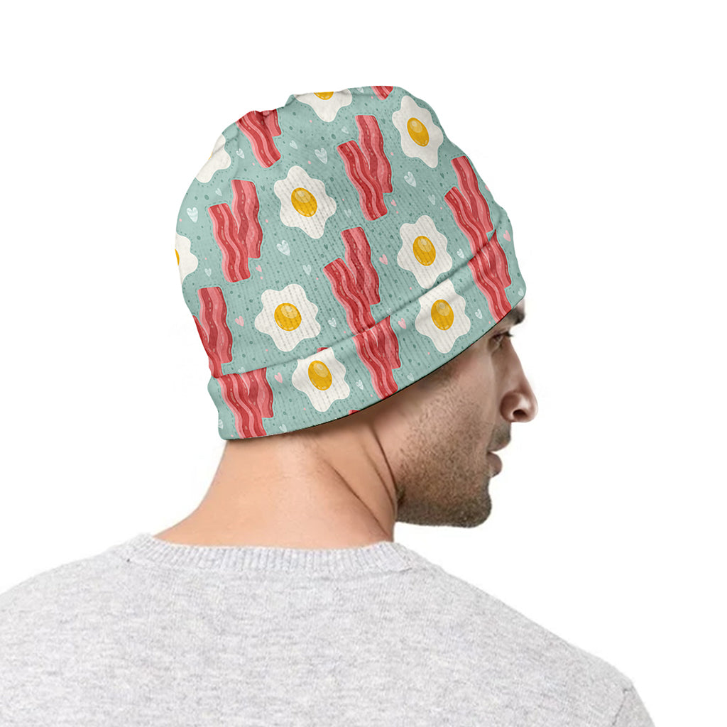 Blue Fried Egg And Bacon Pattern Print Beanie