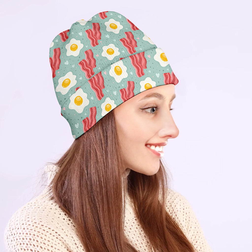 Blue Fried Egg And Bacon Pattern Print Beanie