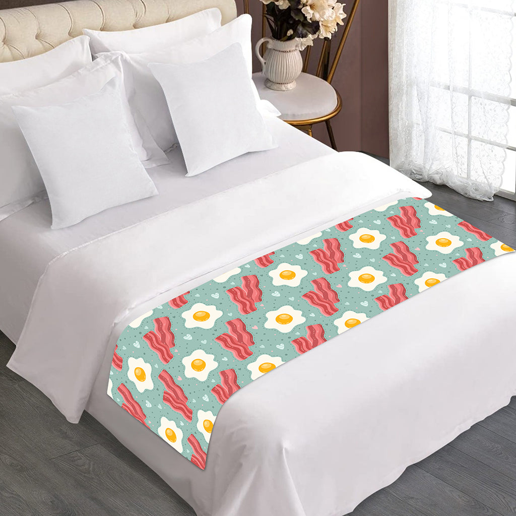 Blue Fried Egg And Bacon Pattern Print Bed Runner