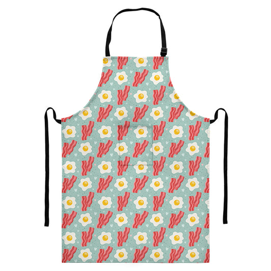 Blue Fried Egg And Bacon Pattern Print Bib Apron With Pocket