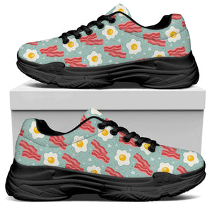 Blue Fried Egg And Bacon Pattern Print Black Chunky Shoes