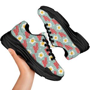 Blue Fried Egg And Bacon Pattern Print Black Chunky Shoes