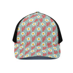 Blue Fried Egg And Bacon Pattern Print Black Mesh Trucker Cap