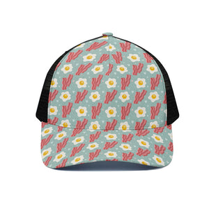 Blue Fried Egg And Bacon Pattern Print Black Mesh Trucker Cap