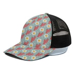 Blue Fried Egg And Bacon Pattern Print Black Mesh Trucker Cap