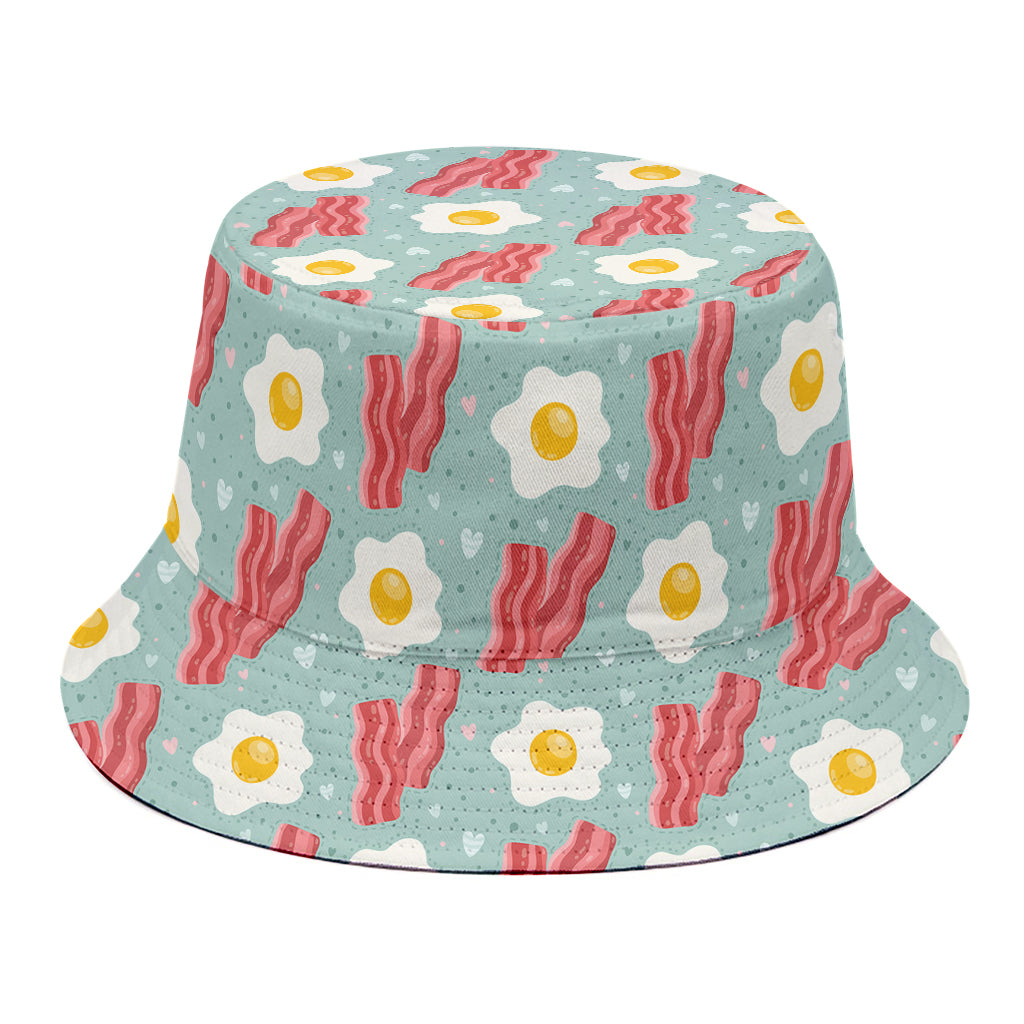 Blue Fried Egg And Bacon Pattern Print Bucket Hat