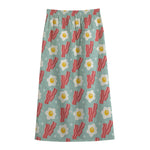 Blue Fried Egg And Bacon Pattern Print Cotton Front Slit Maxi Skirt