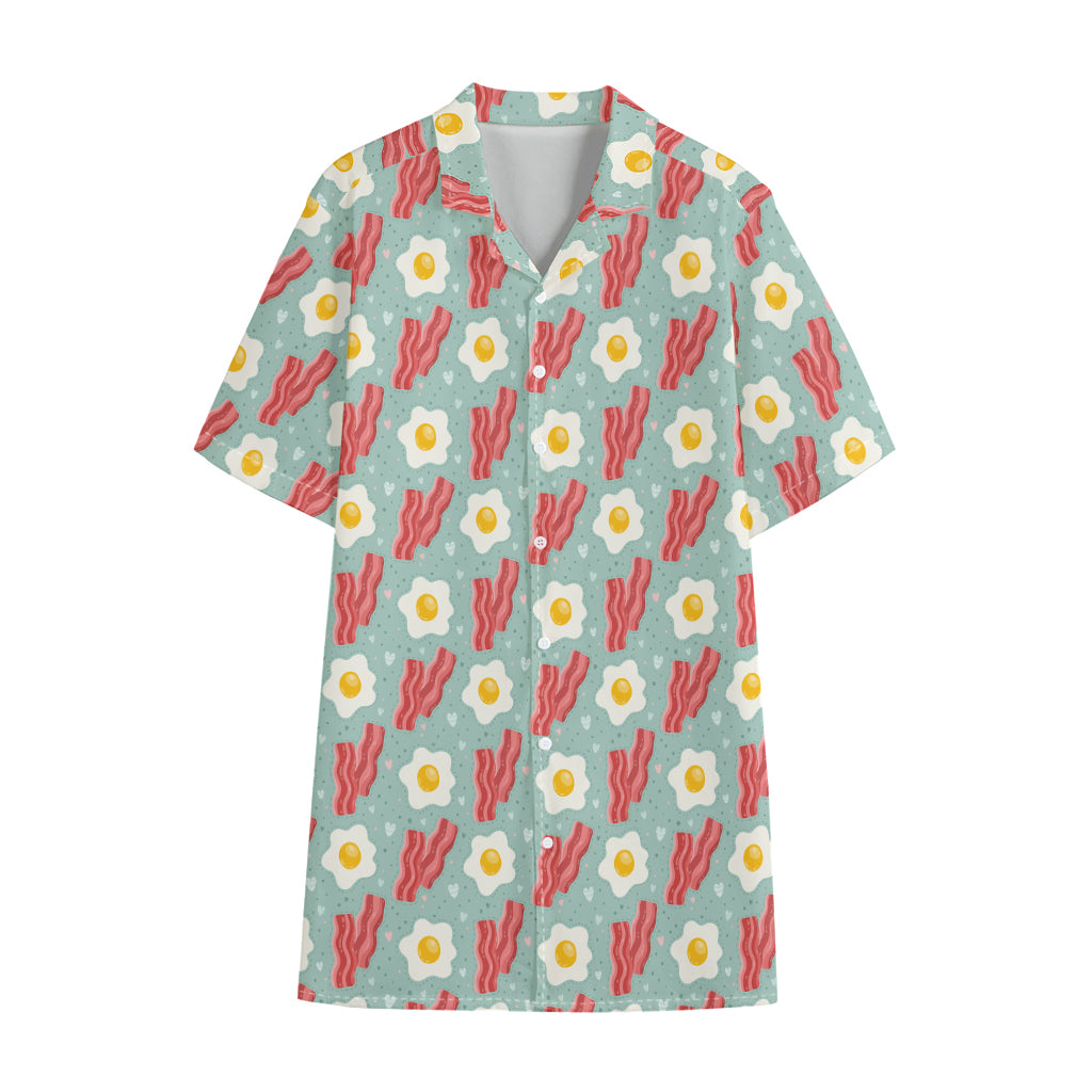 Blue Fried Egg And Bacon Pattern Print Cotton Hawaiian Shirt