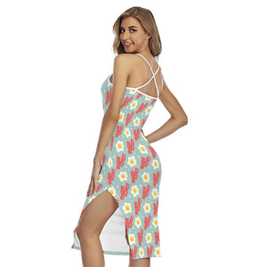 Blue Fried Egg And Bacon Pattern Print Cross Back Cami Dress