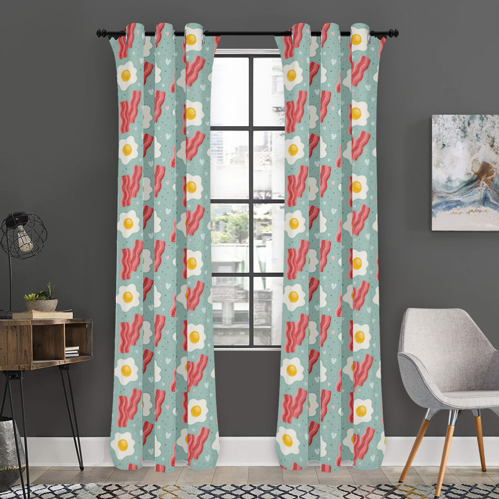 Blue Fried Egg And Bacon Pattern Print Curtain