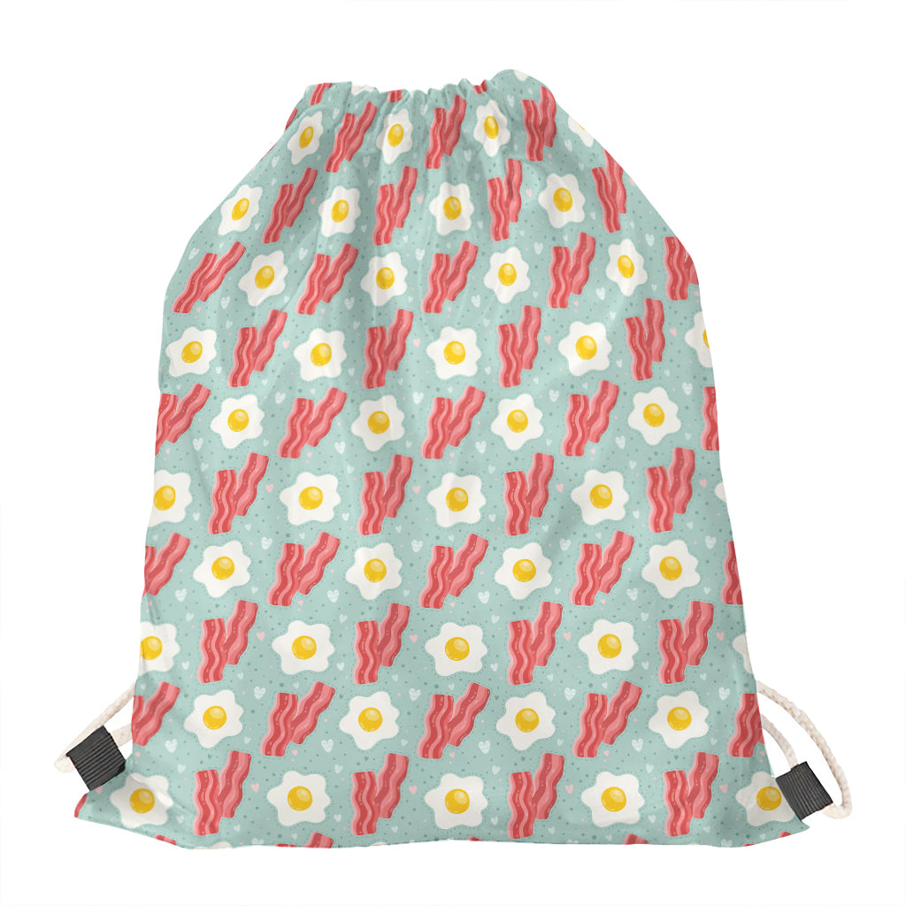 Blue Fried Egg And Bacon Pattern Print Drawstring Bag