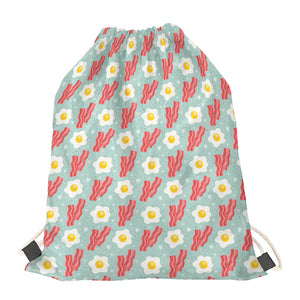 Blue Fried Egg And Bacon Pattern Print Drawstring Bag