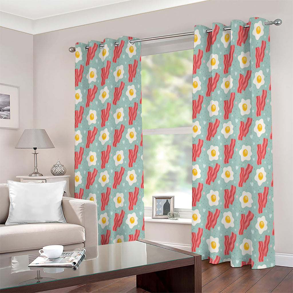 Blue Fried Egg And Bacon Pattern Print Extra Wide Grommet Curtains