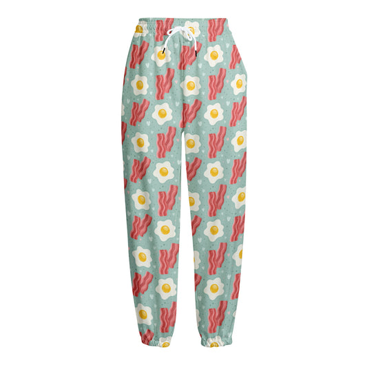 Blue Fried Egg And Bacon Pattern Print Fleece Lined Knit Pants
