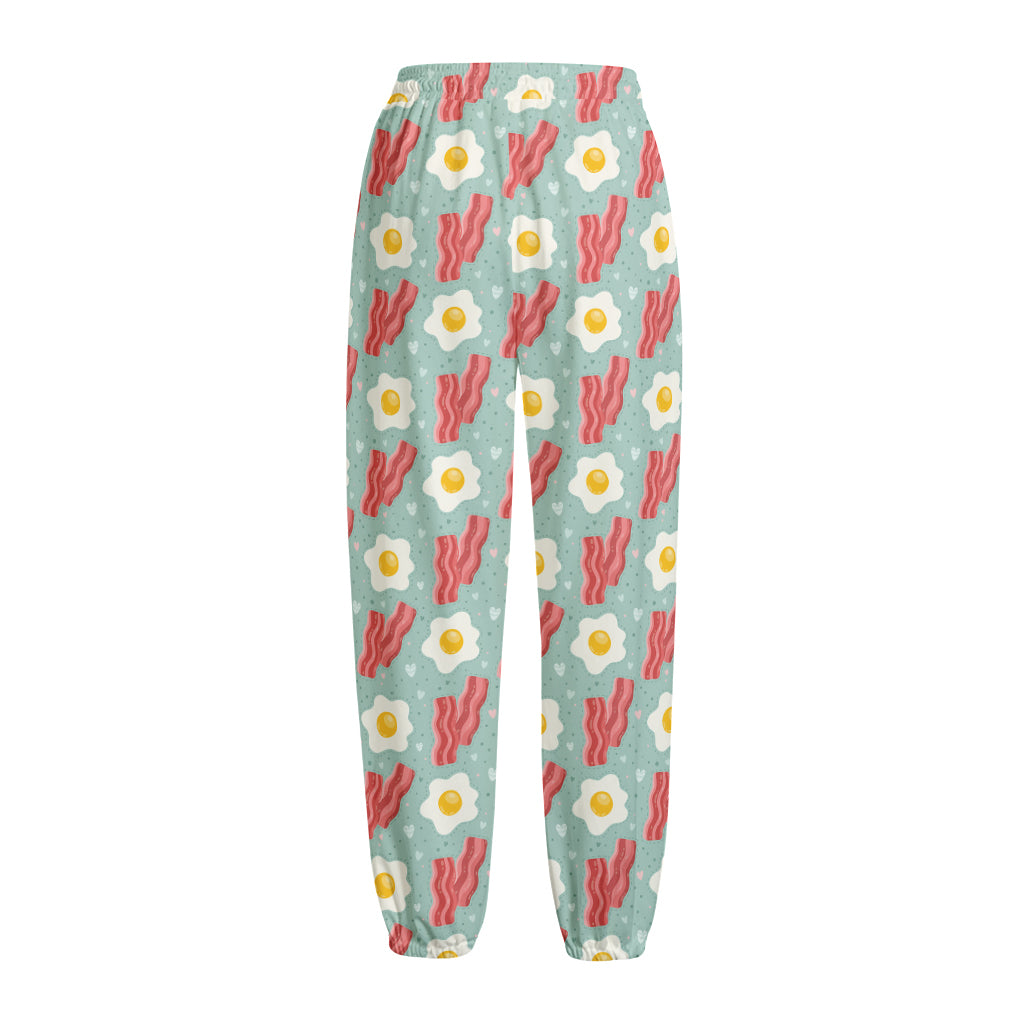 Blue Fried Egg And Bacon Pattern Print Fleece Lined Knit Pants