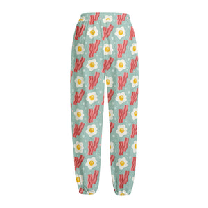 Blue Fried Egg And Bacon Pattern Print Fleece Lined Knit Pants