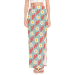 Blue Fried Egg And Bacon Pattern Print High Slit Maxi Skirt