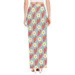 Blue Fried Egg And Bacon Pattern Print High Slit Maxi Skirt