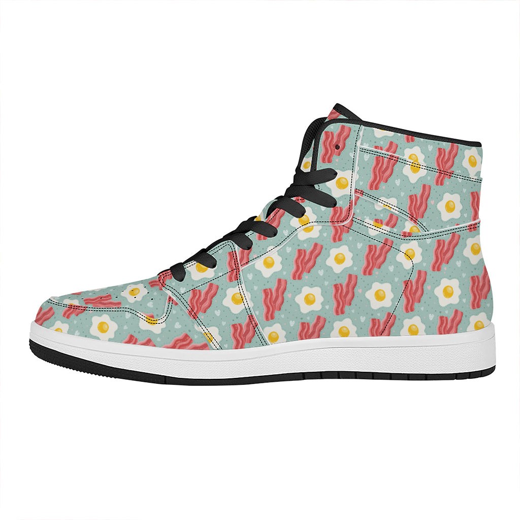 Blue Fried Egg And Bacon Pattern Print High Top Leather Sneakers