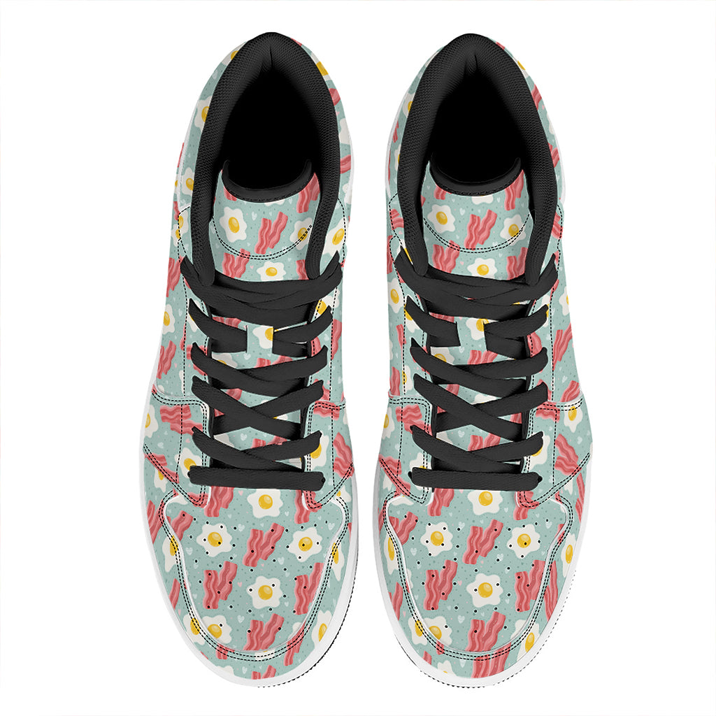 Blue Fried Egg And Bacon Pattern Print High Top Leather Sneakers