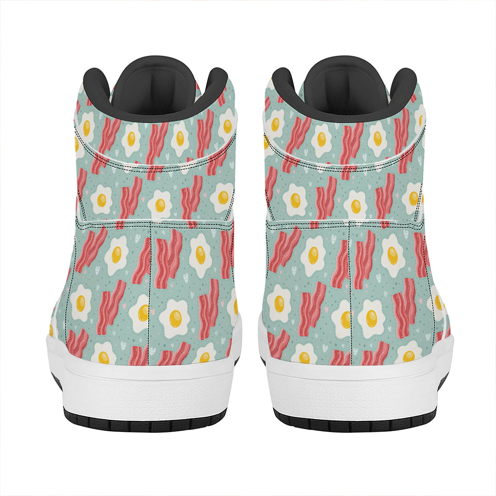 Blue Fried Egg And Bacon Pattern Print High Top Leather Sneakers