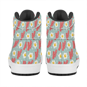 Blue Fried Egg And Bacon Pattern Print High Top Leather Sneakers