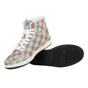 Blue Fried Egg And Bacon Pattern Print High Top Leather Sneakers