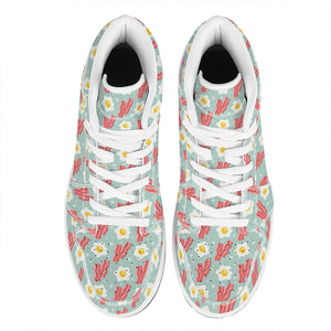 Blue Fried Egg And Bacon Pattern Print High Top Leather Sneakers