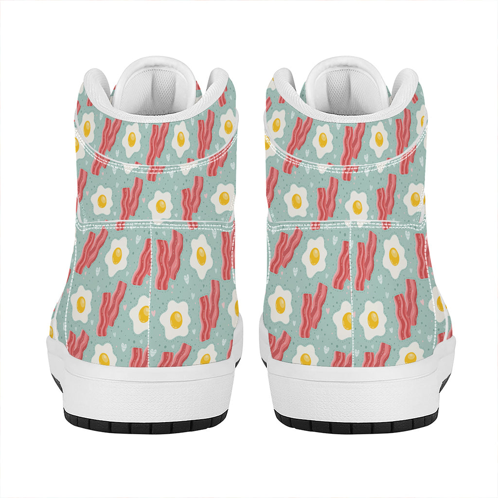 Blue Fried Egg And Bacon Pattern Print High Top Leather Sneakers