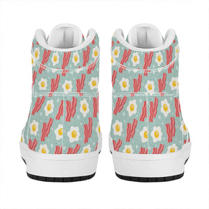 Blue Fried Egg And Bacon Pattern Print High Top Leather Sneakers