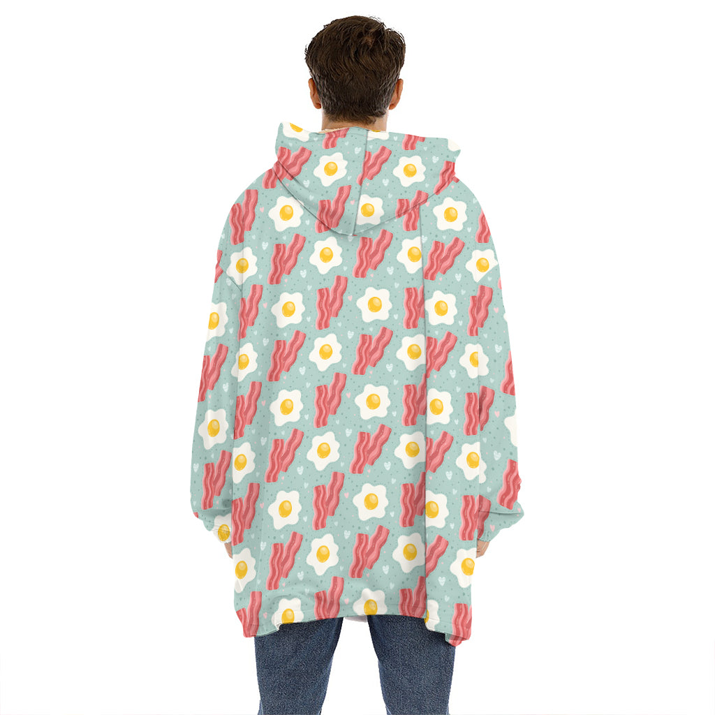 Blue Fried Egg And Bacon Pattern Print Hoodie Blanket