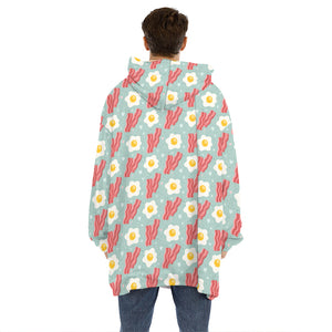 Blue Fried Egg And Bacon Pattern Print Hoodie Blanket