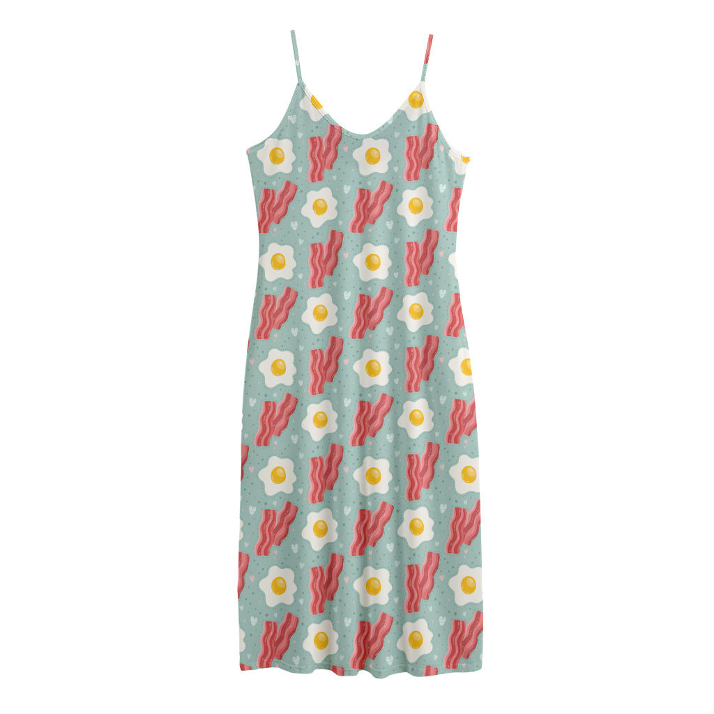 Blue Fried Egg And Bacon Pattern Print Jersey Midi Cami Dress