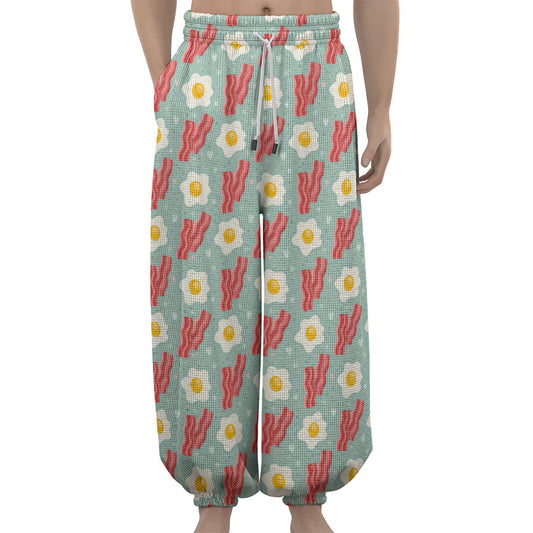 Blue Fried Egg And Bacon Pattern Print Lantern Pants