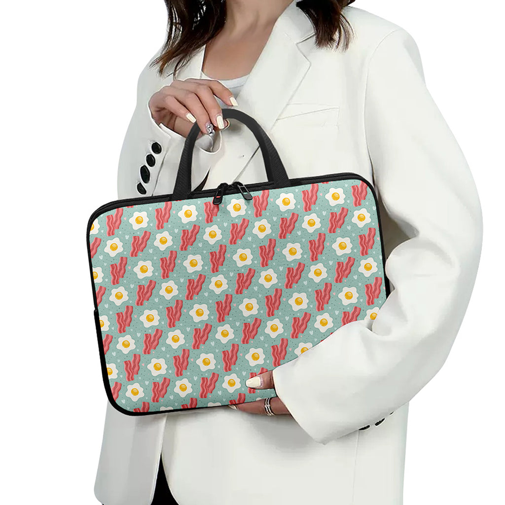 Blue Fried Egg And Bacon Pattern Print Laptop Sleeve With Handle