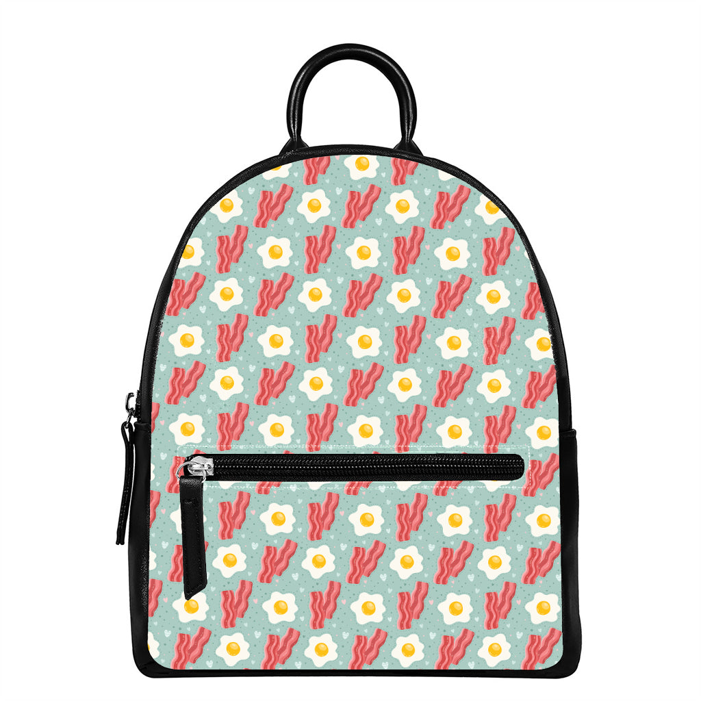 Blue Fried Egg And Bacon Pattern Print Leather Backpack