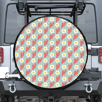 Blue Fried Egg And Bacon Pattern Print Leather Spare Tire Cover