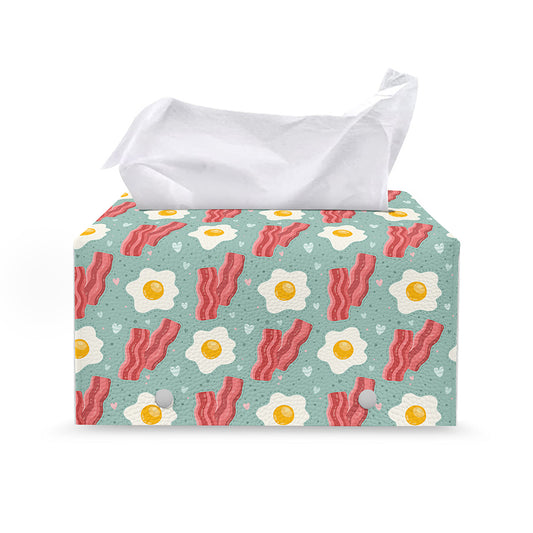 Blue Fried Egg And Bacon Pattern Print Leather Tissue Box Cover