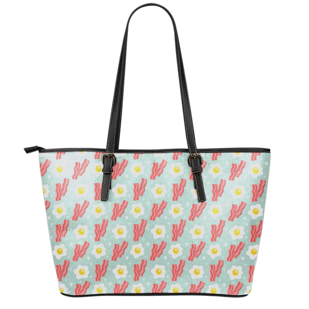 Blue Fried Egg And Bacon Pattern Print Leather Tote Bag