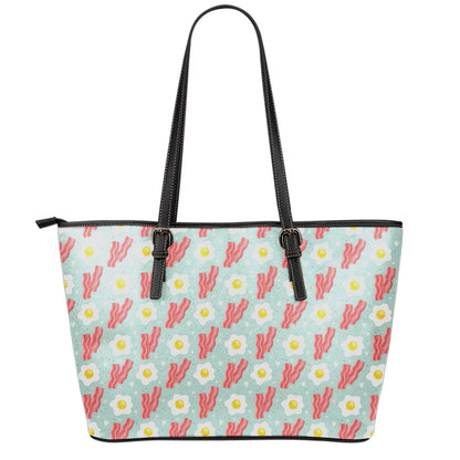 Blue Fried Egg And Bacon Pattern Print Leather Tote Bag