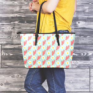 Blue Fried Egg And Bacon Pattern Print Leather Tote Bag